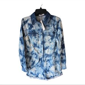 Mebon Chambray Romper Jumpsuit Sz L Women Blue Denim LongSleeve Tye Dye New